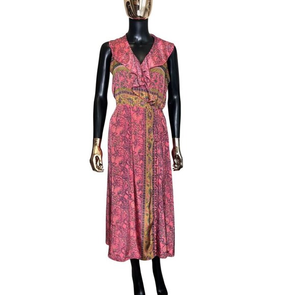 Raga Pink Boho Paisley Ruffle Midi Dress – Sleeveless Tie Waist SP - Picture 4 of 13